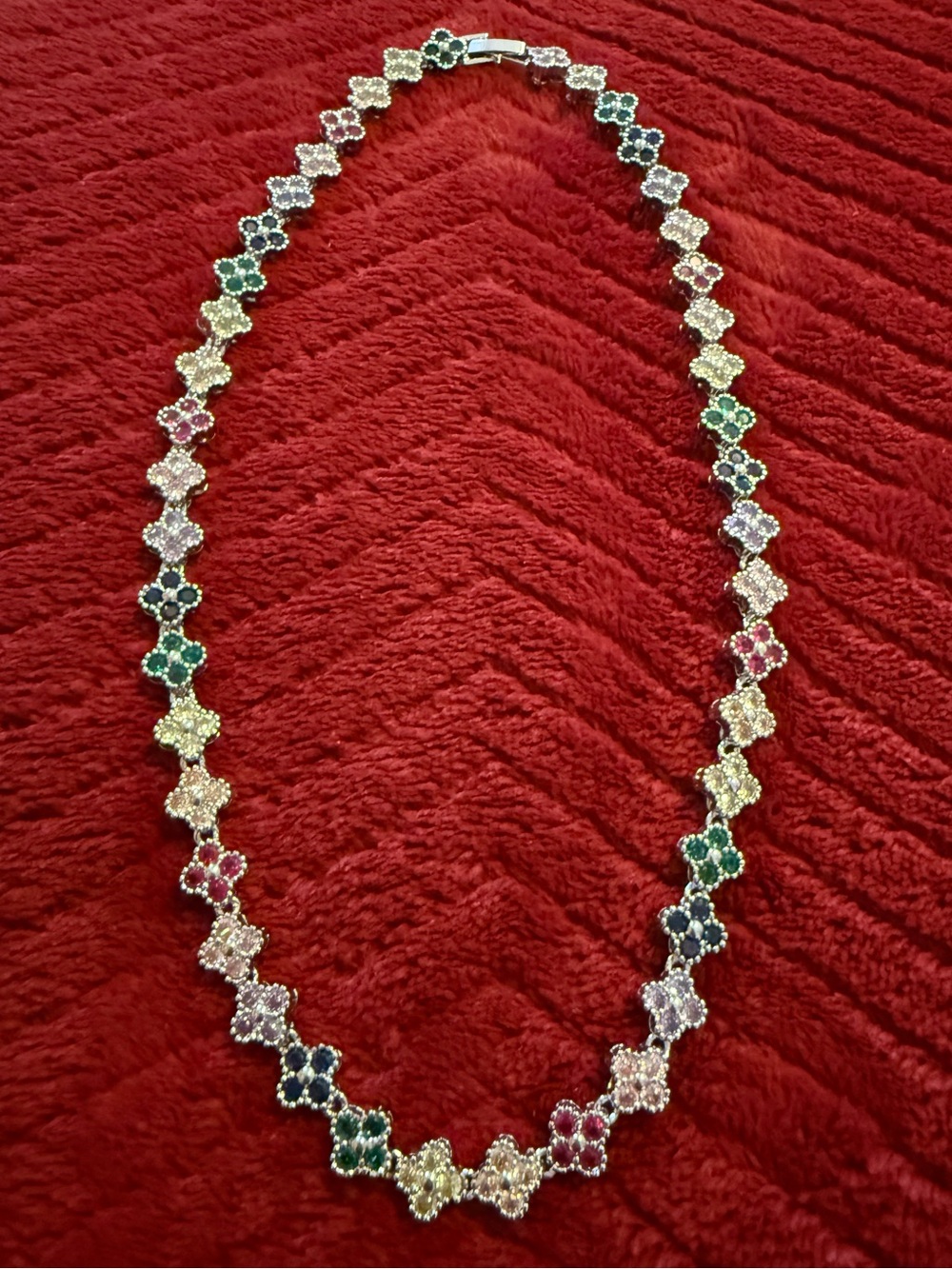 White Gold Filled NEW Multi-Color CZ Quatrefoil Flower Tennis Necklace with Box